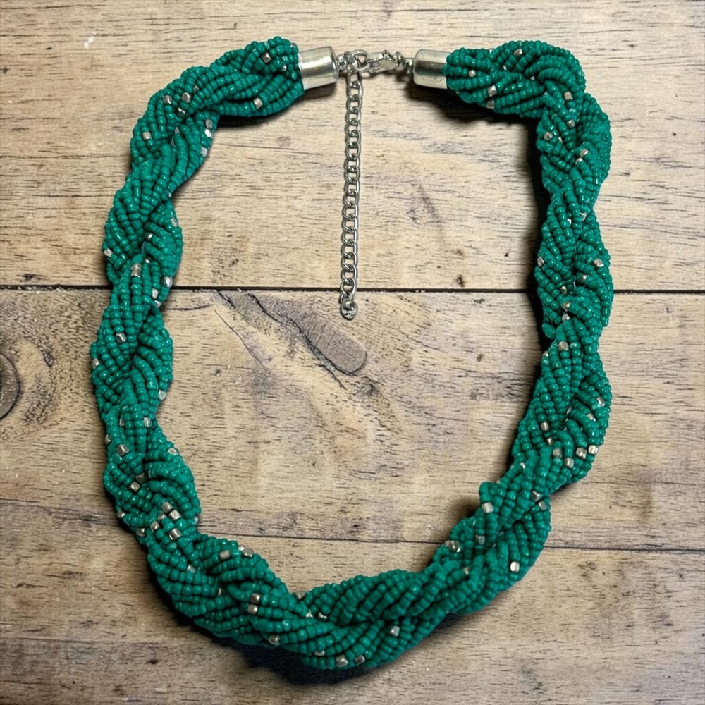 Braided Seed Bead Necklace Turquoise Teal Multi Strand Silver Tone 22"